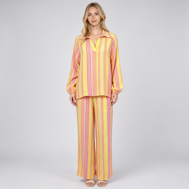Made in Italy Printed Cotton Split Neck Top & Wide Leg Trouser Separate / Co-ord Set