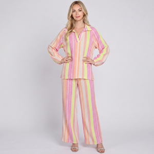Made in Italy Printed Cotton Split Neck Top & Wide Leg Trouser Separate / Co-ord Set