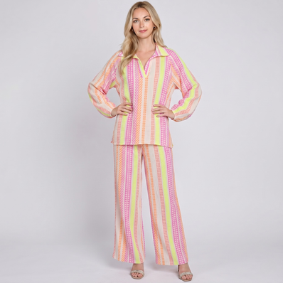 Made in Italy Printed Cotton Split Neck Top & Wide Leg Trouser Separate / Co-ord Set