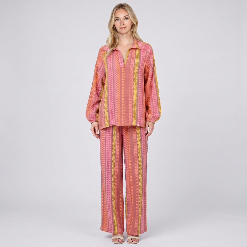 Made in Italy Printed Cotton Split Neck Top & Wide Leg Trouser Separate / Co-ord Set
