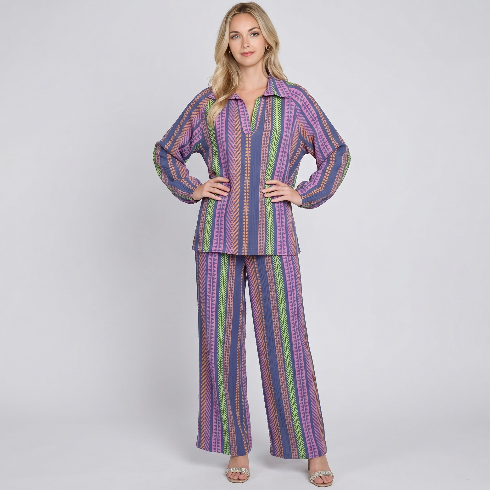 Made in Italy Printed Cotton Split Neck Top & Wide Leg Trouser Separate / Co-ord Set