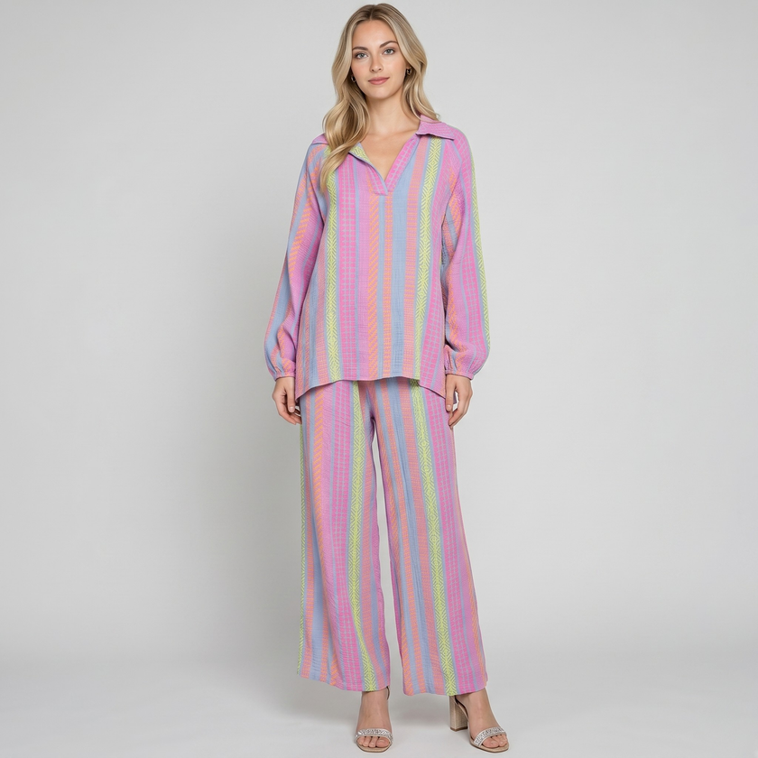 Made in Italy Printed Cotton Split Neck Top & Wide Leg Trouser Separate / Co-ord Set