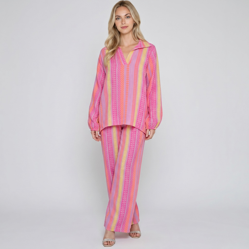 Made in Italy Printed Cotton Split Neck Top & Wide Leg Trouser Separate / Co-ord Set