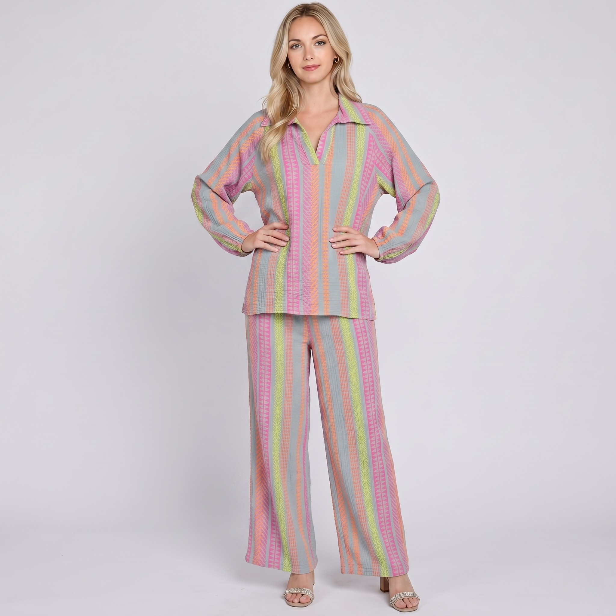 Made in Italy Printed Cotton Split Neck Top & Wide Leg Trouser Separate / Co-ord Set