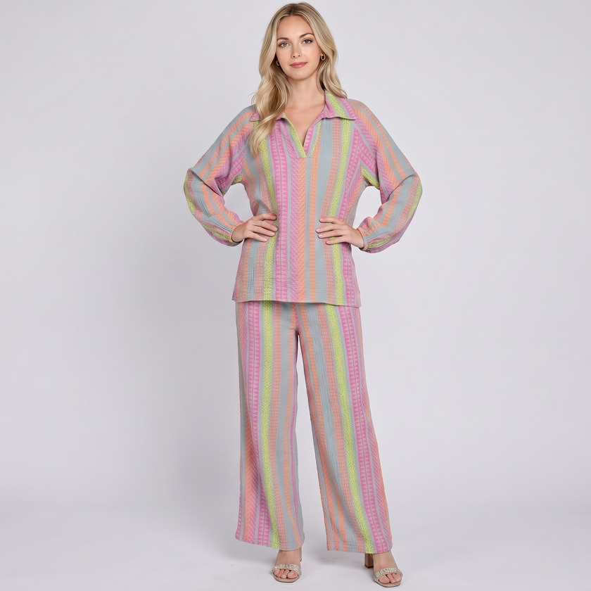 Made in Italy Printed Cotton Split Neck Top & Wide Leg Trouser Separate / Co-ord Set