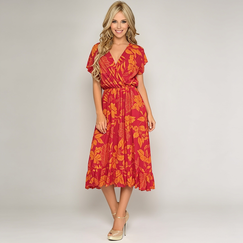 Made in Italy Tropical Leaf Print Wrap Midi Dress
