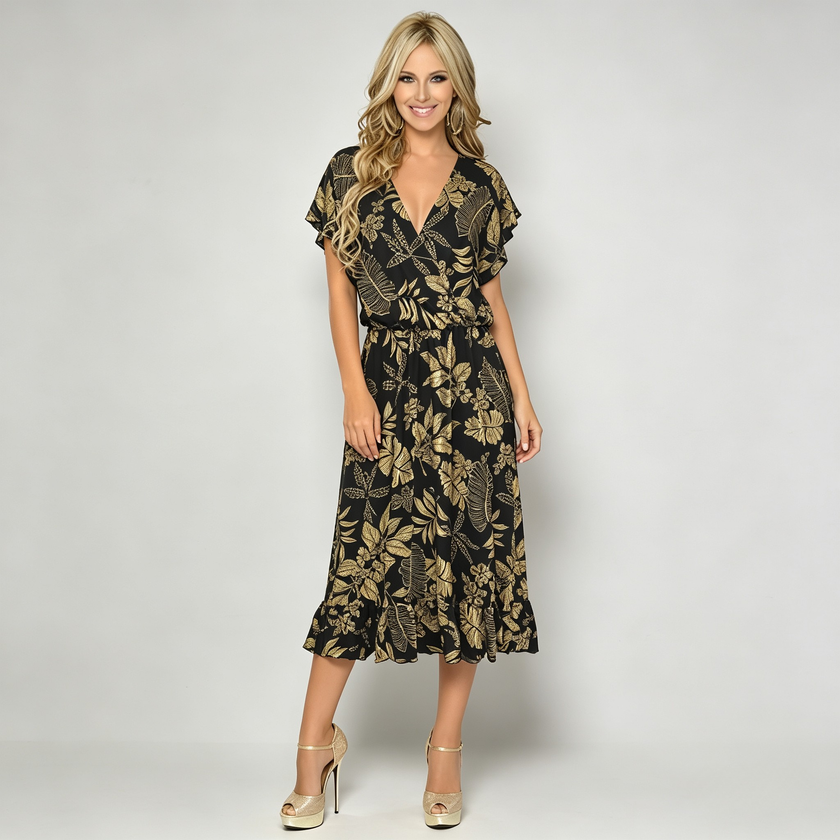 Made in Italy Tropical Leaf Print Wrap Midi Dress