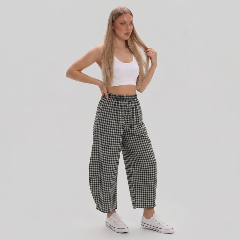 Made in Italy Gingham Check Wide Leg Harem Trousers