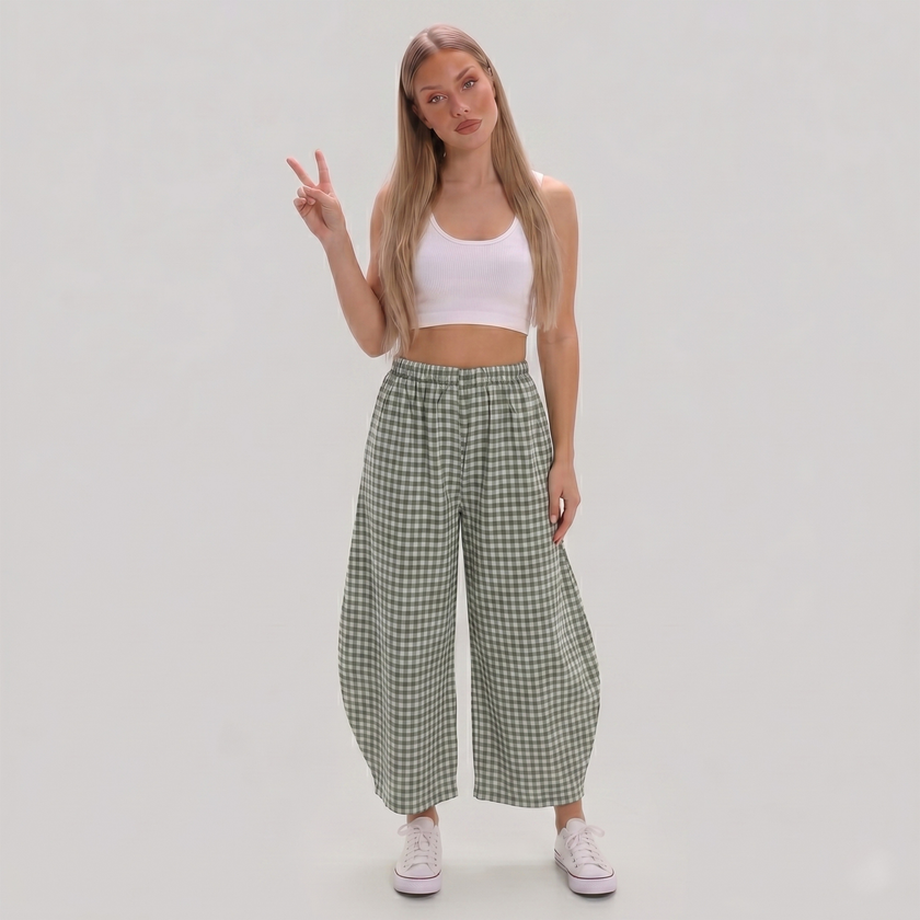 Made in Italy Gingham Check Wide Leg Harem Trousers