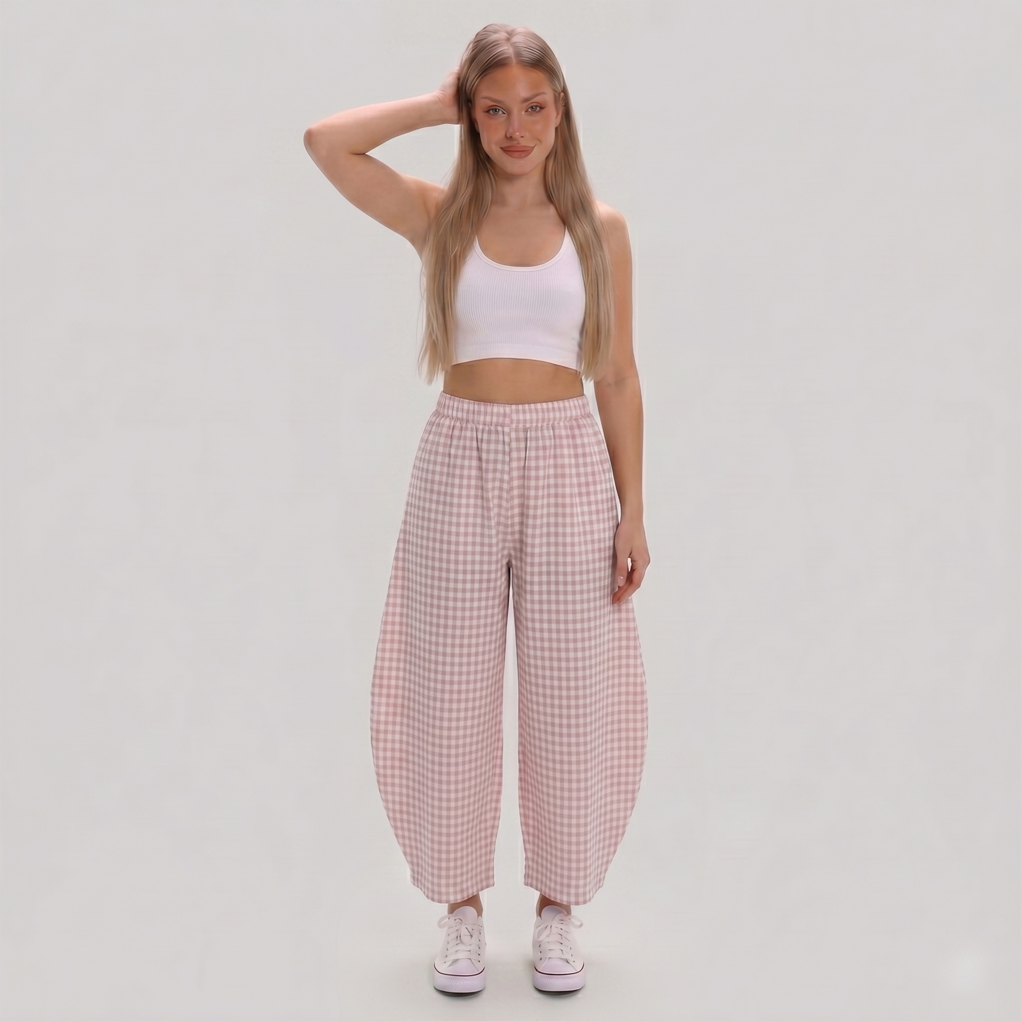 Made in Italy Gingham Check Wide Leg Harem Trousers