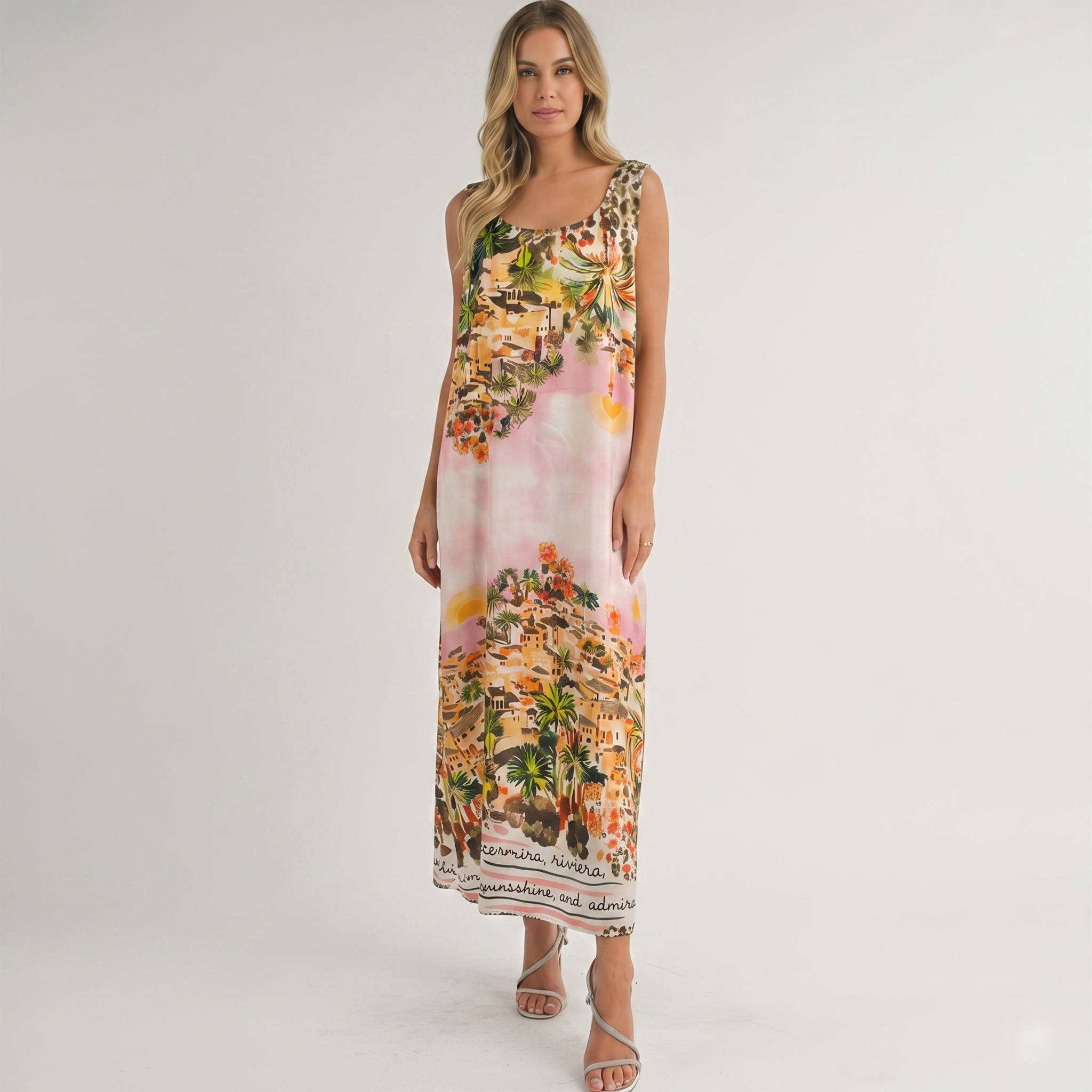 Made in Italy Riviera Scenery Silk-Feel Maxi Dress