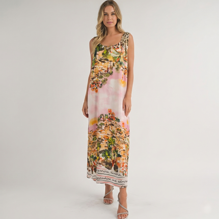 Made in Italy Riviera Scenery Silk-Feel Maxi Dress