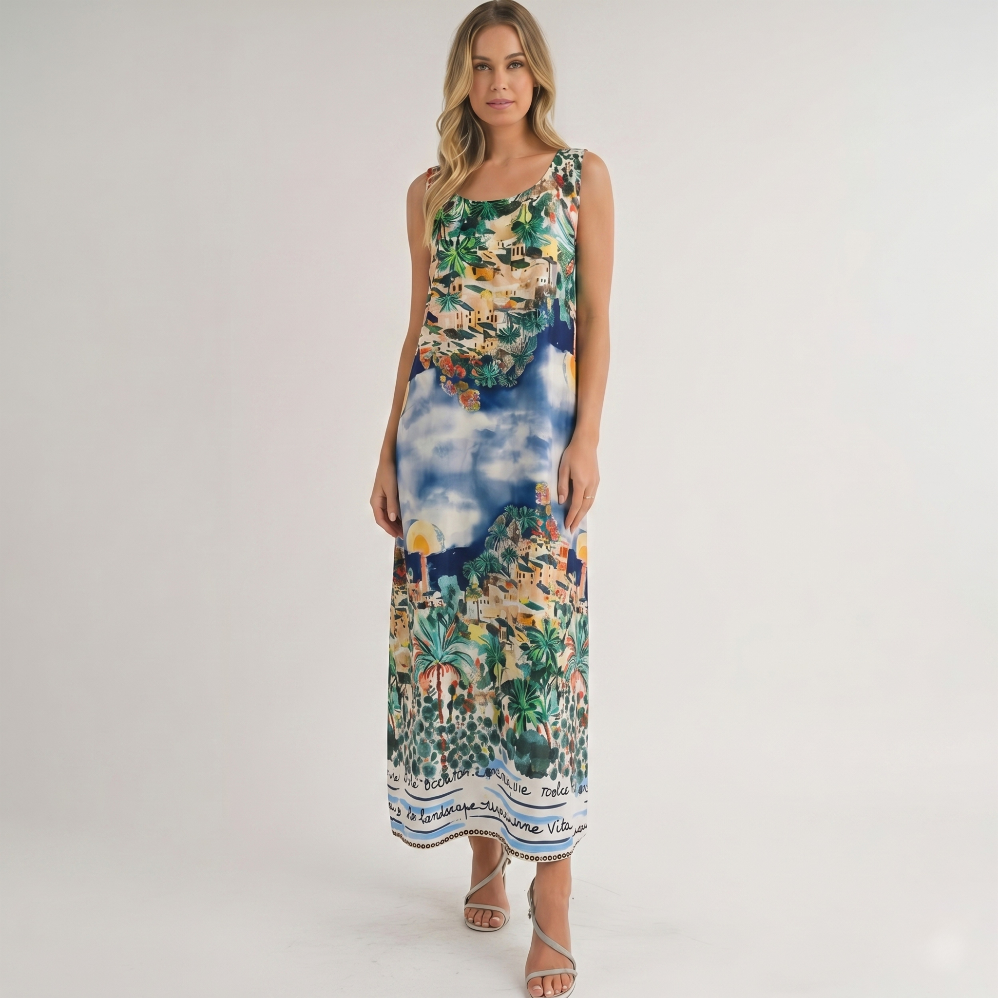 Made in Italy Riviera Scenery Silk-Feel Maxi Dress