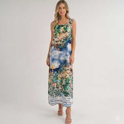 Made in Italy Riviera Scenery Silk-Feel Maxi Dress