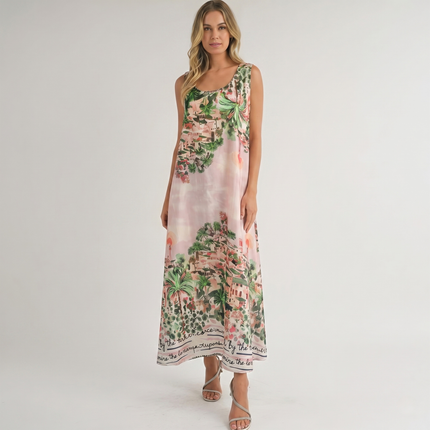 Made in Italy Riviera Scenery Silk-Feel Maxi Dress