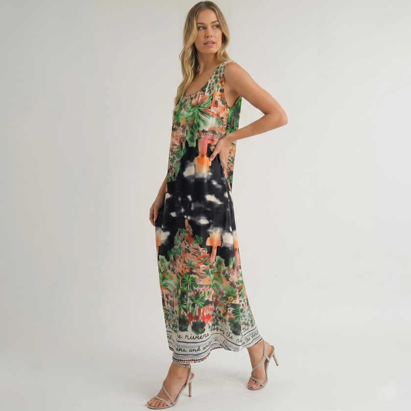 Made in Italy Riviera Scenery Silk-Feel Maxi Dress