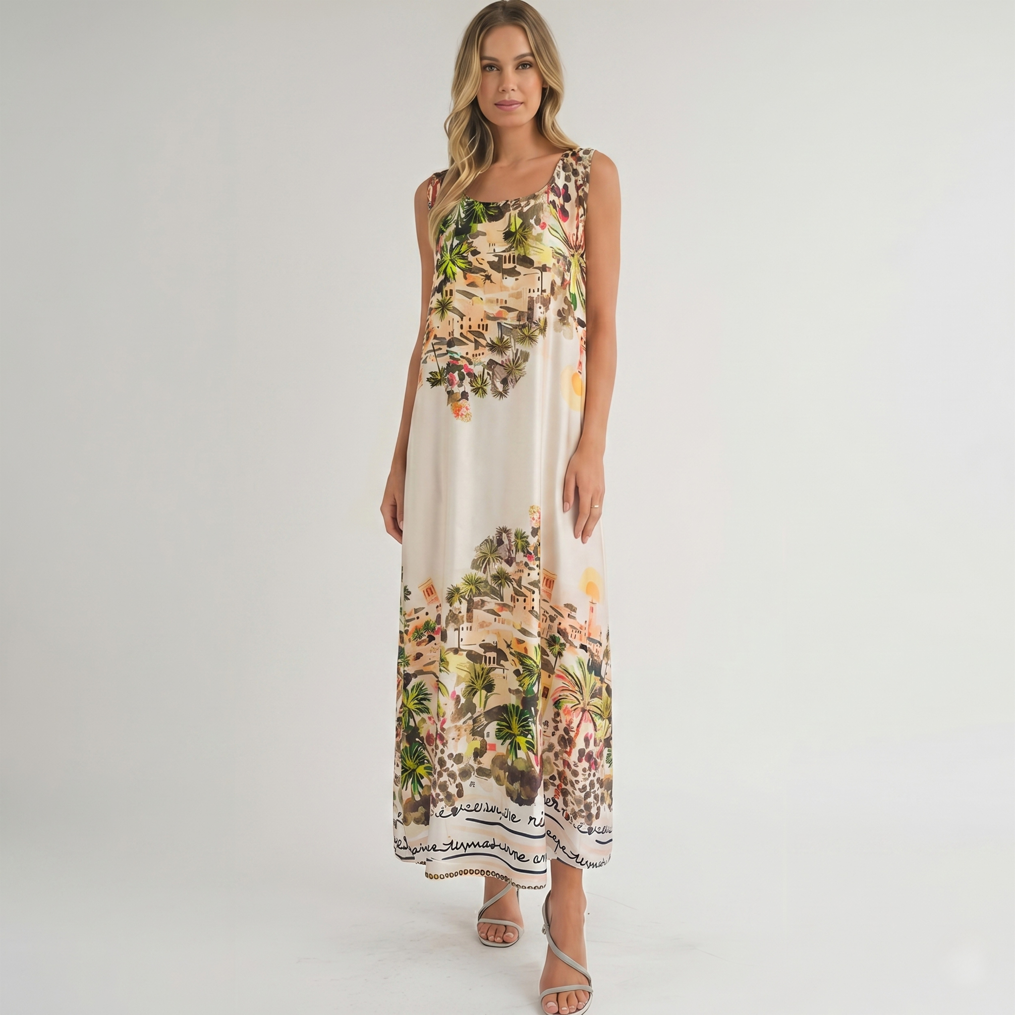 Made in Italy Riviera Scenery Silk-Feel Maxi Dress