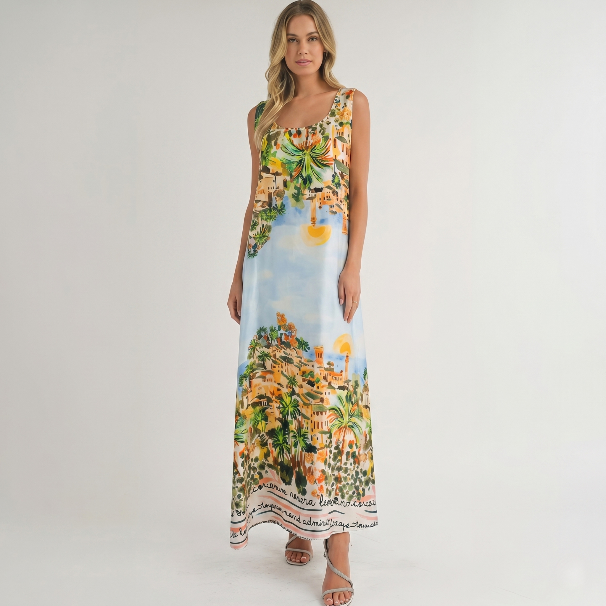 Made in Italy Riviera Scenery Silk-Feel Maxi Dress