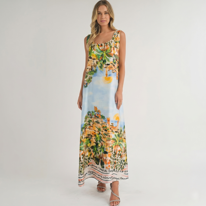 Made in Italy Riviera Scenery Silk-Feel Maxi Dress