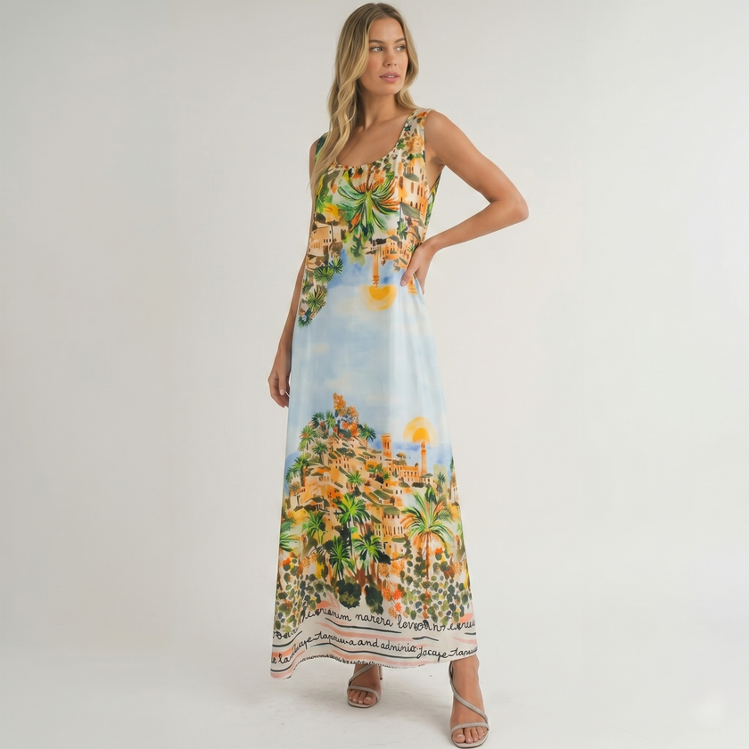 Made in Italy Riviera Scenery Silk-Feel Maxi Dress