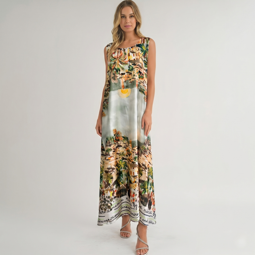 Made in Italy Riviera Scenery Silk-Feel Maxi Dress