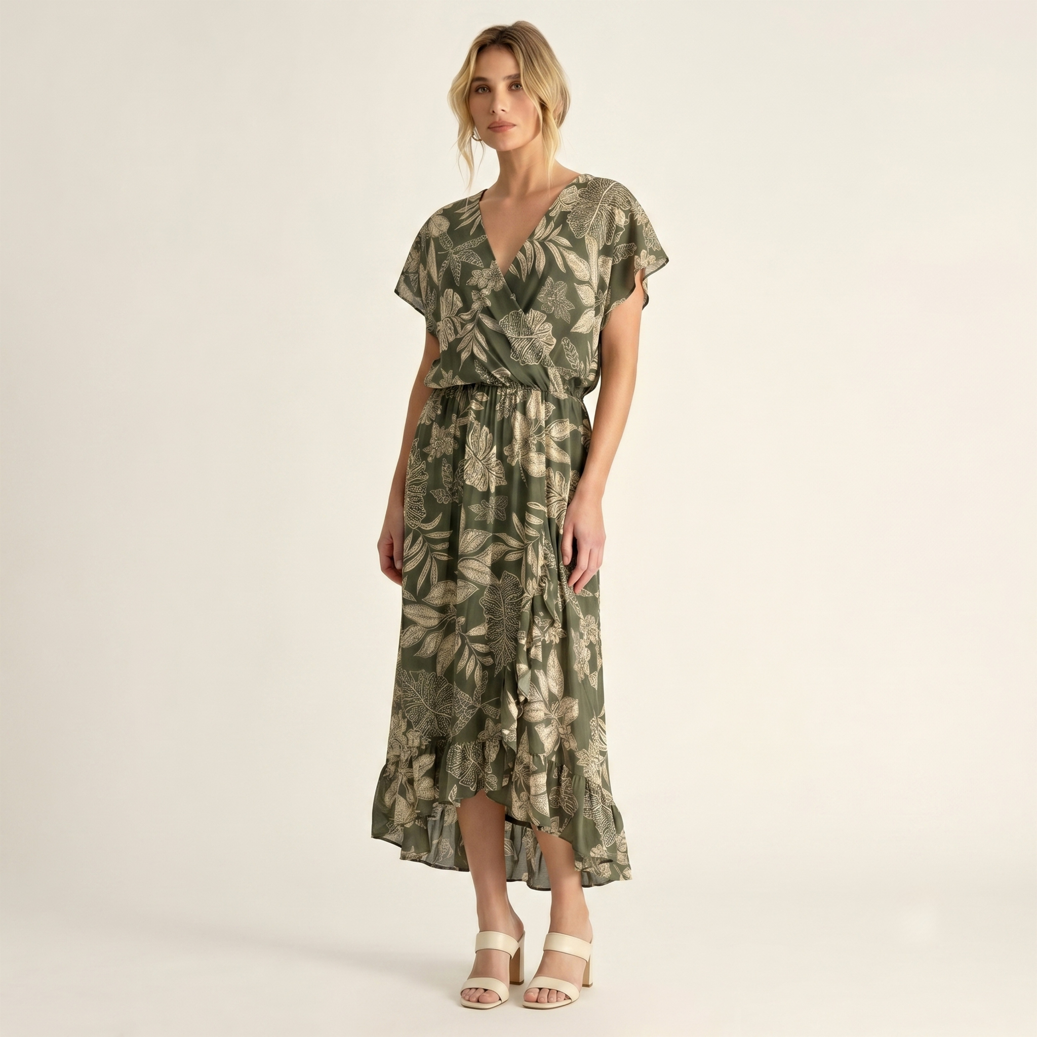 Made in Italy Tropical Leaf Print Wrap Midi Dress