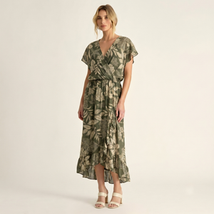 Made in Italy Tropical Leaf Print Wrap Midi Dress