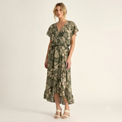 Made in Italy Tropical Leaf Print Wrap Midi Dress