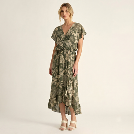 Made in Italy Tropical Leaf Print Wrap Midi Dress