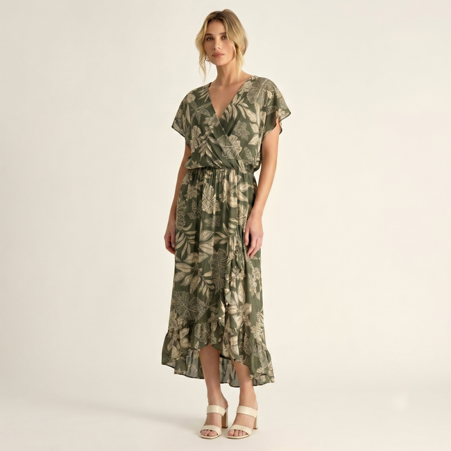 Made in Italy Tropical Leaf Print Wrap Midi Dress