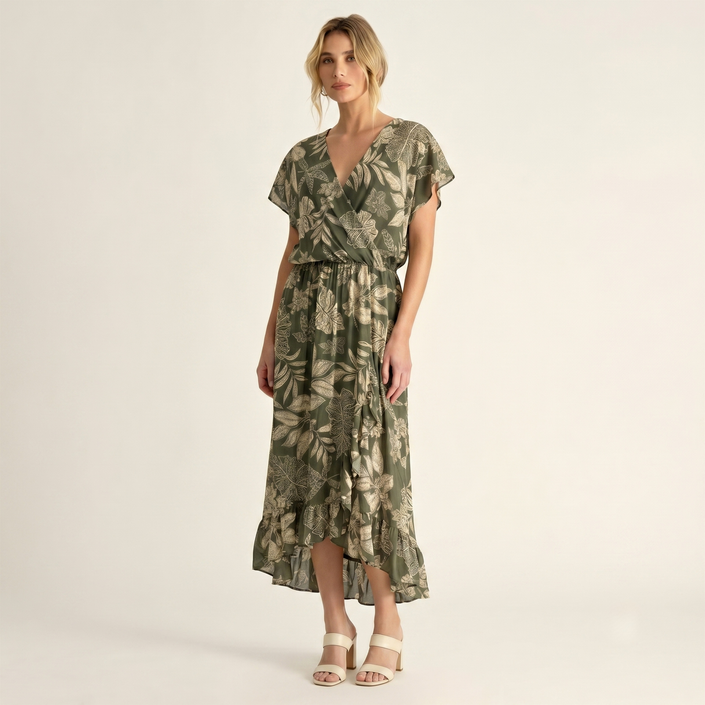 Made in Italy Tropical Leaf Print Wrap Midi Dress