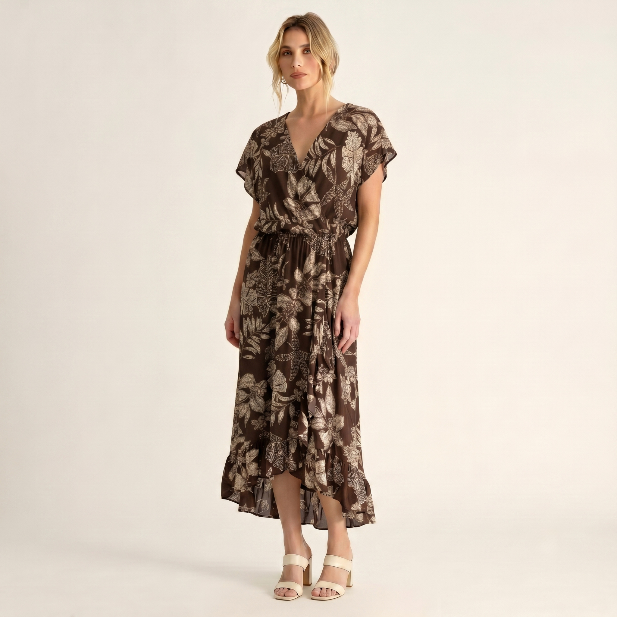 Made in Italy Tropical Leaf Print Wrap Midi Dress