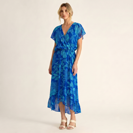 Made in Italy Tropical Leaf Print Wrap Midi Dress