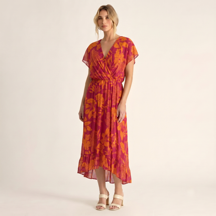 Made in Italy Tropical Leaf Print Wrap Midi Dress
