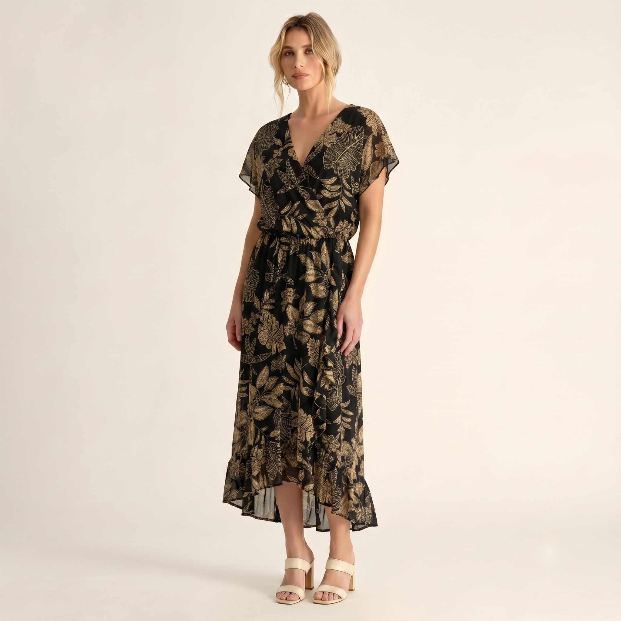 Made in Italy Tropical Leaf Print Wrap Midi Dress