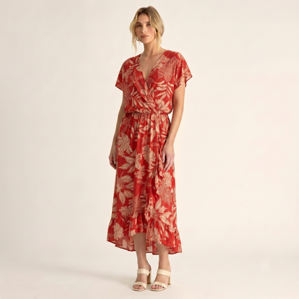 Made in Italy Tropical Leaf Print Wrap Midi Dress