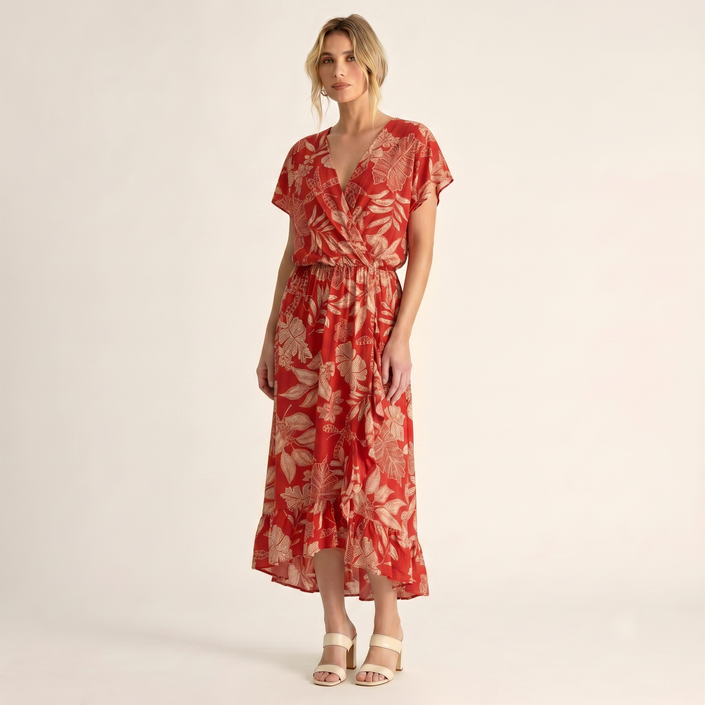Made in Italy Tropical Leaf Print Wrap Midi Dress