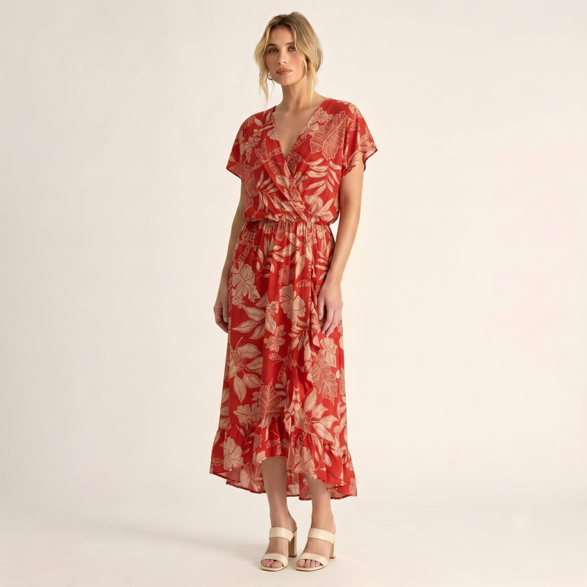 Made in Italy Tropical Leaf Print Wrap Midi Dress