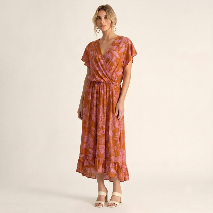 Made in Italy Tropical Leaf Print Wrap Midi Dress