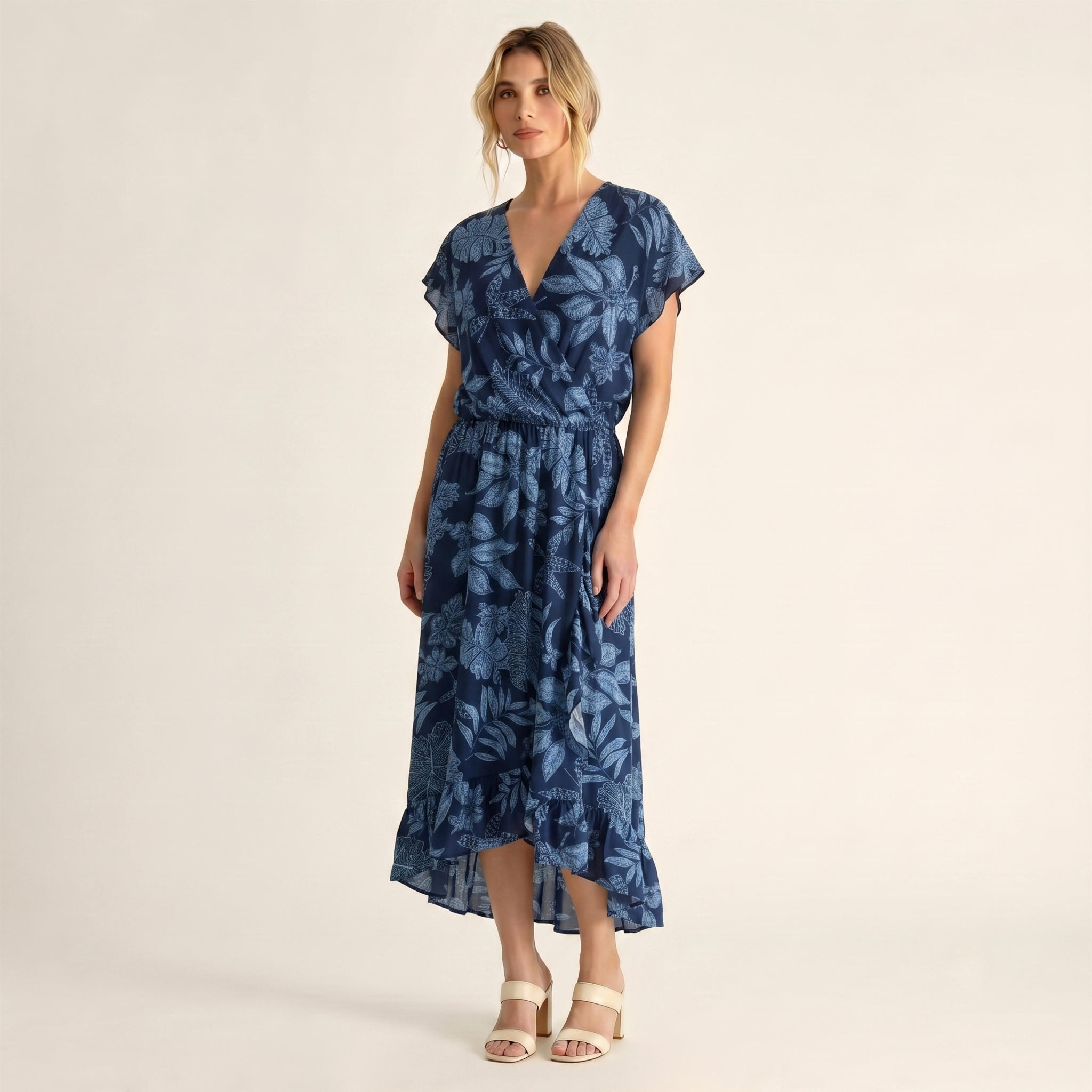 Made in Italy Tropical Leaf Print Wrap Midi Dress