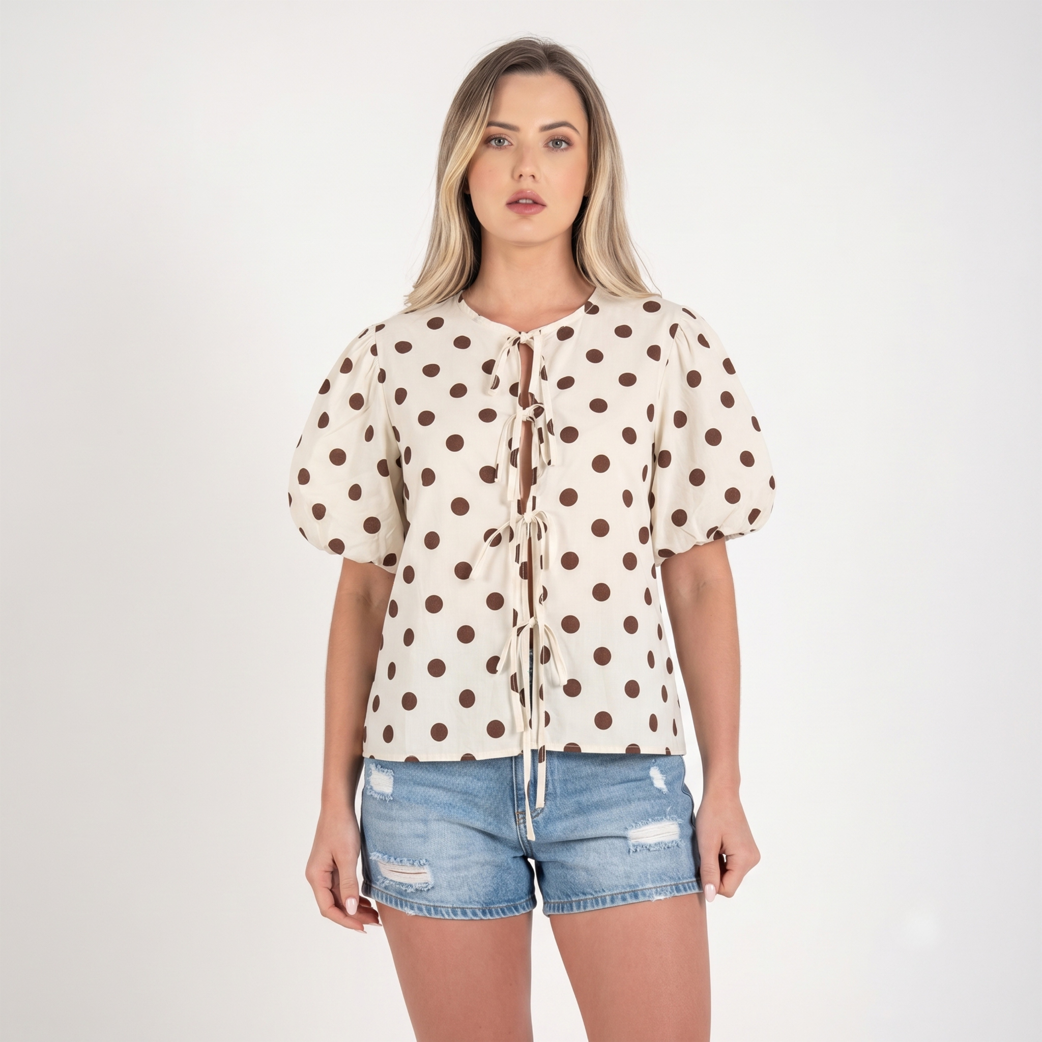 Made in Italy Polka Dot Tie-Front Top