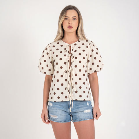 Made in Italy Polka Dot Tie-Front Top