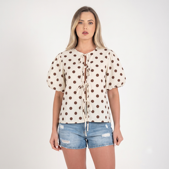 Made in Italy Polka Dot Tie-Front Top