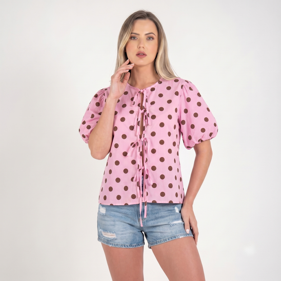 Made in Italy Polka Dot Tie-Front Top