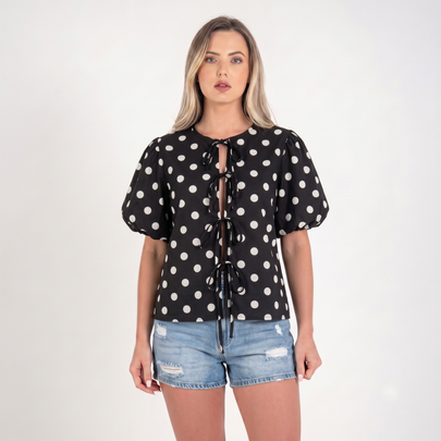 Made in Italy Polka Dot Tie-Front Top