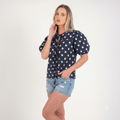 Made in Italy Polka Dot Tie-Front Top