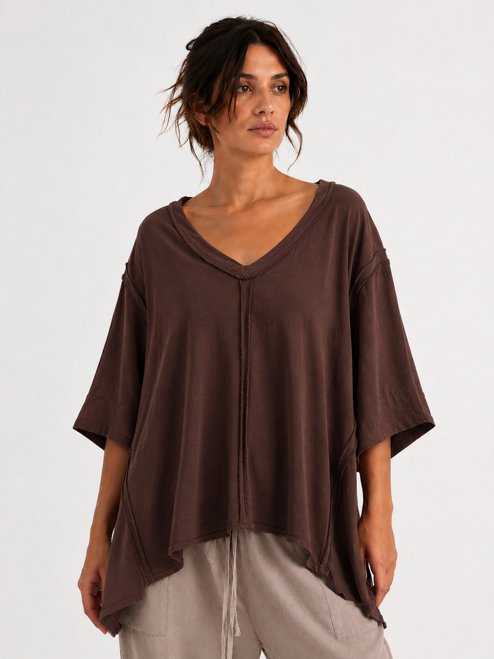 Made in Italy Oversized Sweatshirt V -Neck Raw Edge Top