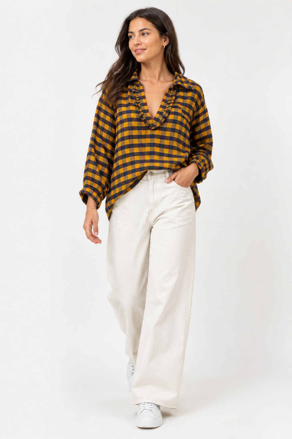 Made in Italy Check Frill neck Top