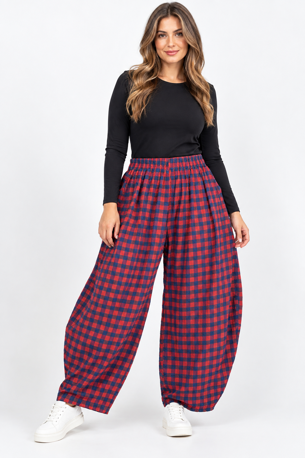 Made in Italy Gingham/Check Barrel Leg Trouser