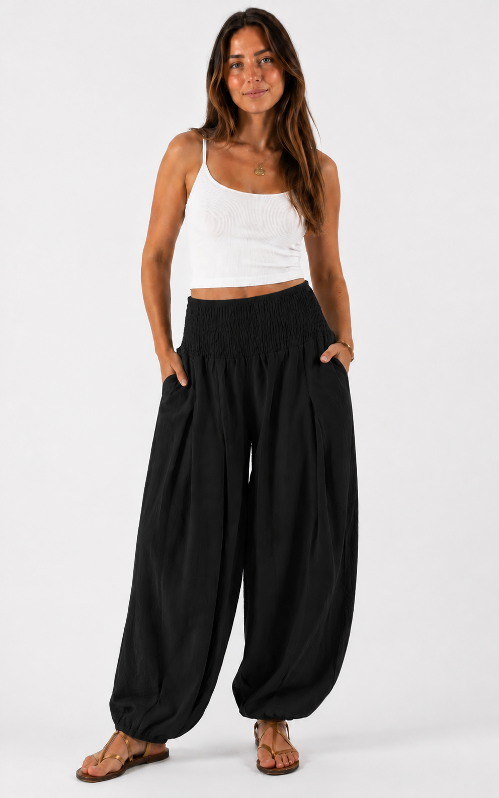 Made in shirred waist harem trouser